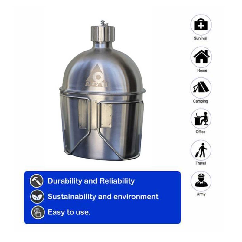 ALFA1 Stainless Steel Water Army Canteen Water Bottler Military Canteen Kit with Kidney Style Cup - Image 2